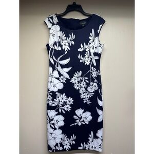 Connected Apparel Size 12 Navy Blue White Sleeveless Sheath Dress